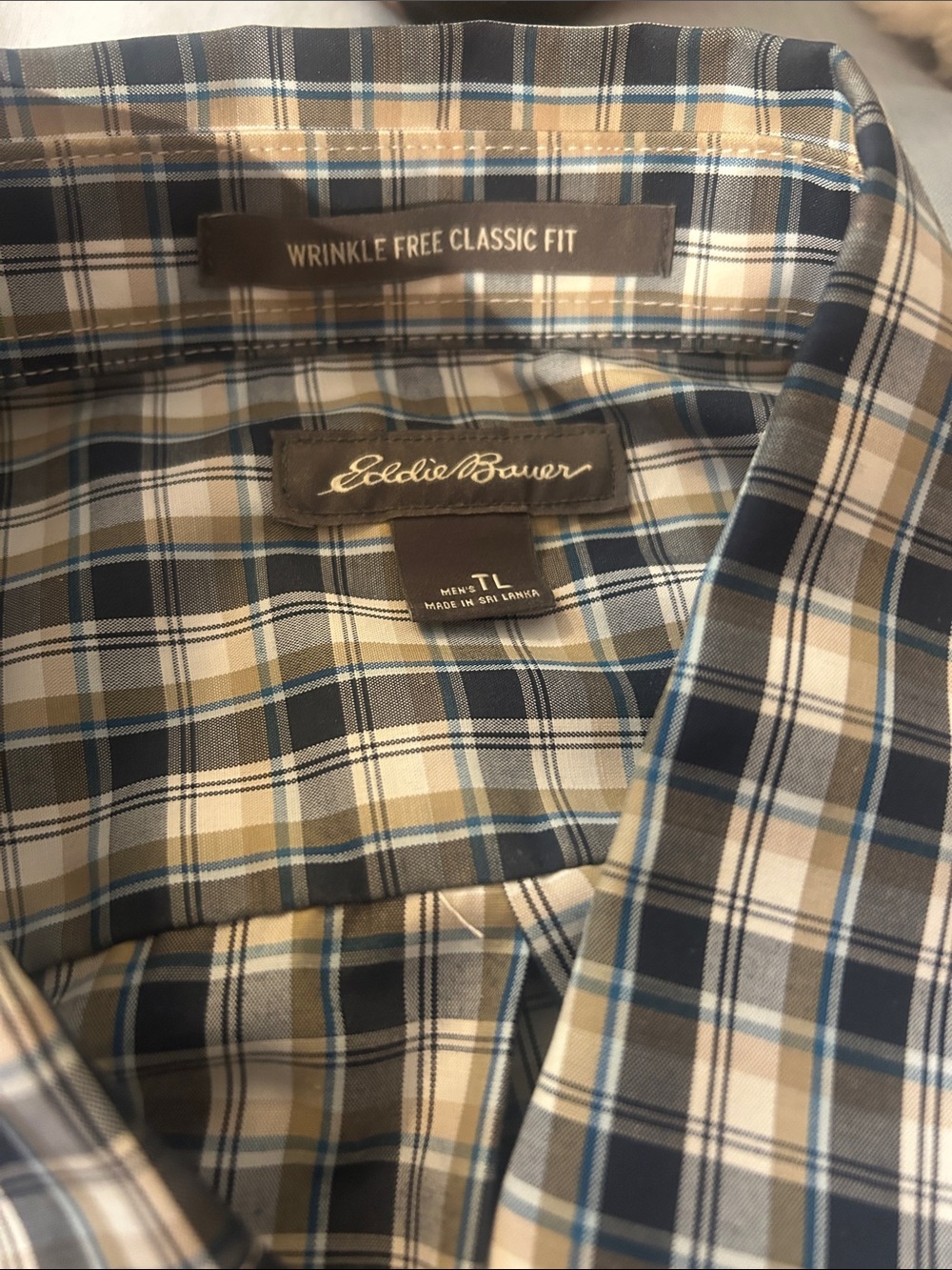 Eddie Bauer Men's Plaid Button-Down Shirt in Navy, Tan & White